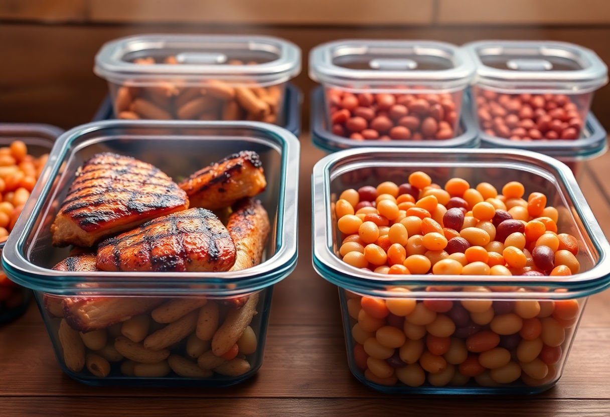 Grilled chicken and beans stored in containers.