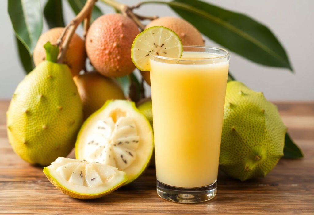 Fresh soursop fruit and a glass of soursop juice