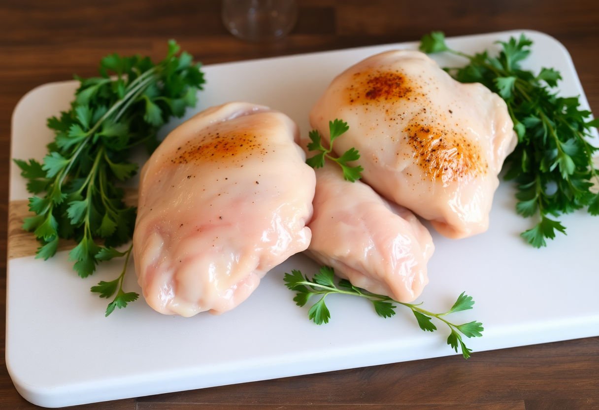 Chicken thighs on a cutting board with fresh herbs