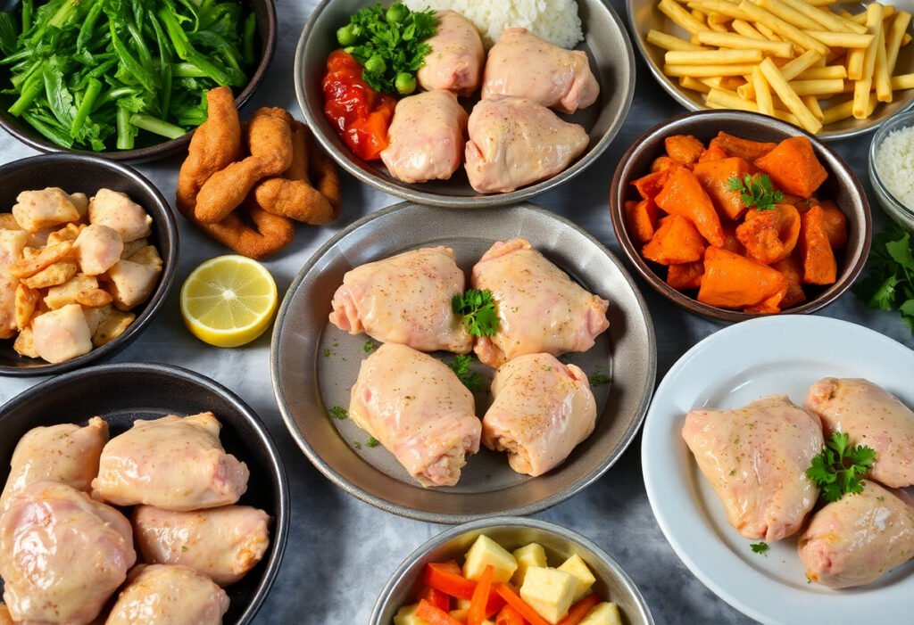 Various chicken thigh meal prep dishes arranged on a table