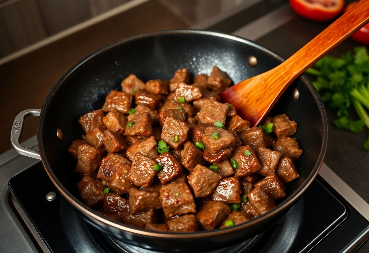 Classic beef stir-fry in a pan