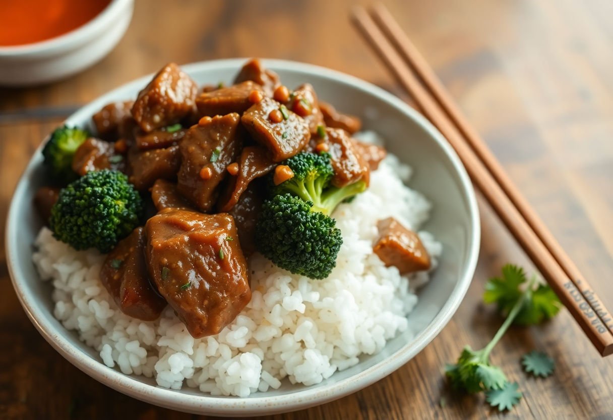 Beef and broccoli served over rice