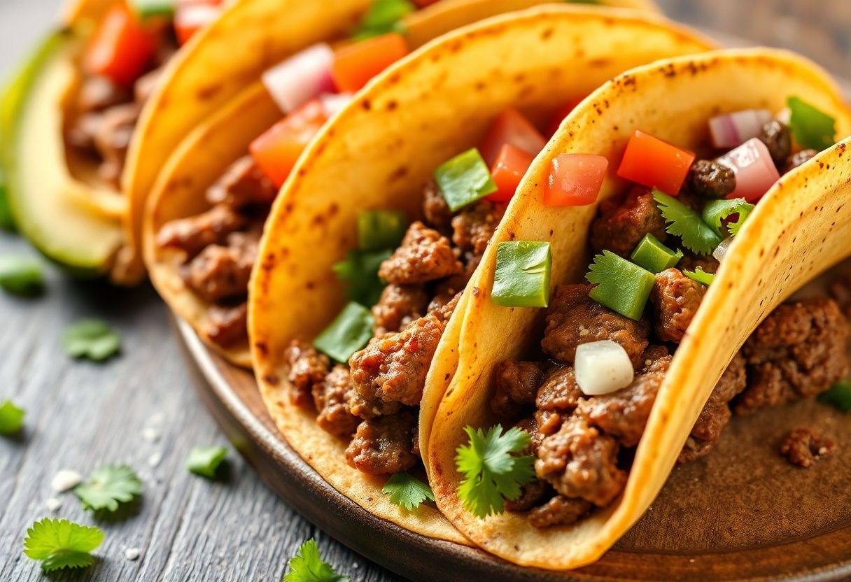 Quick beef tacos with toppings