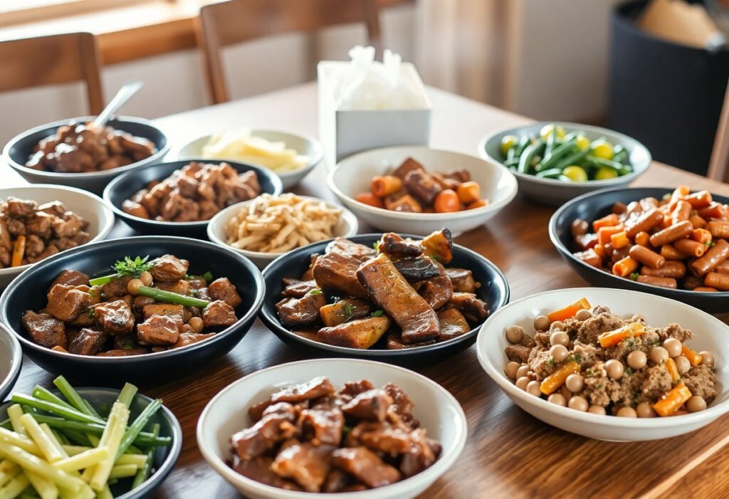 A variety of beef meal prep dishes on a table