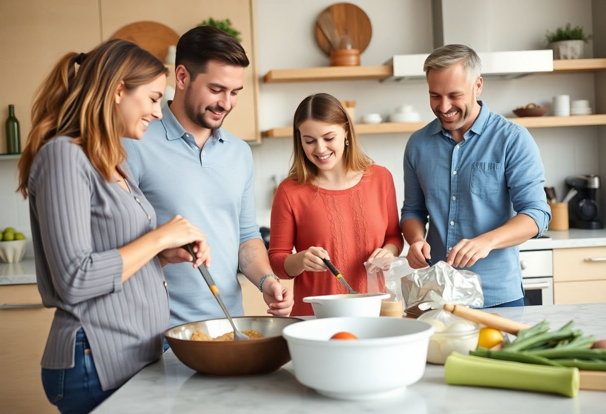 Family members working together in a kitchen.