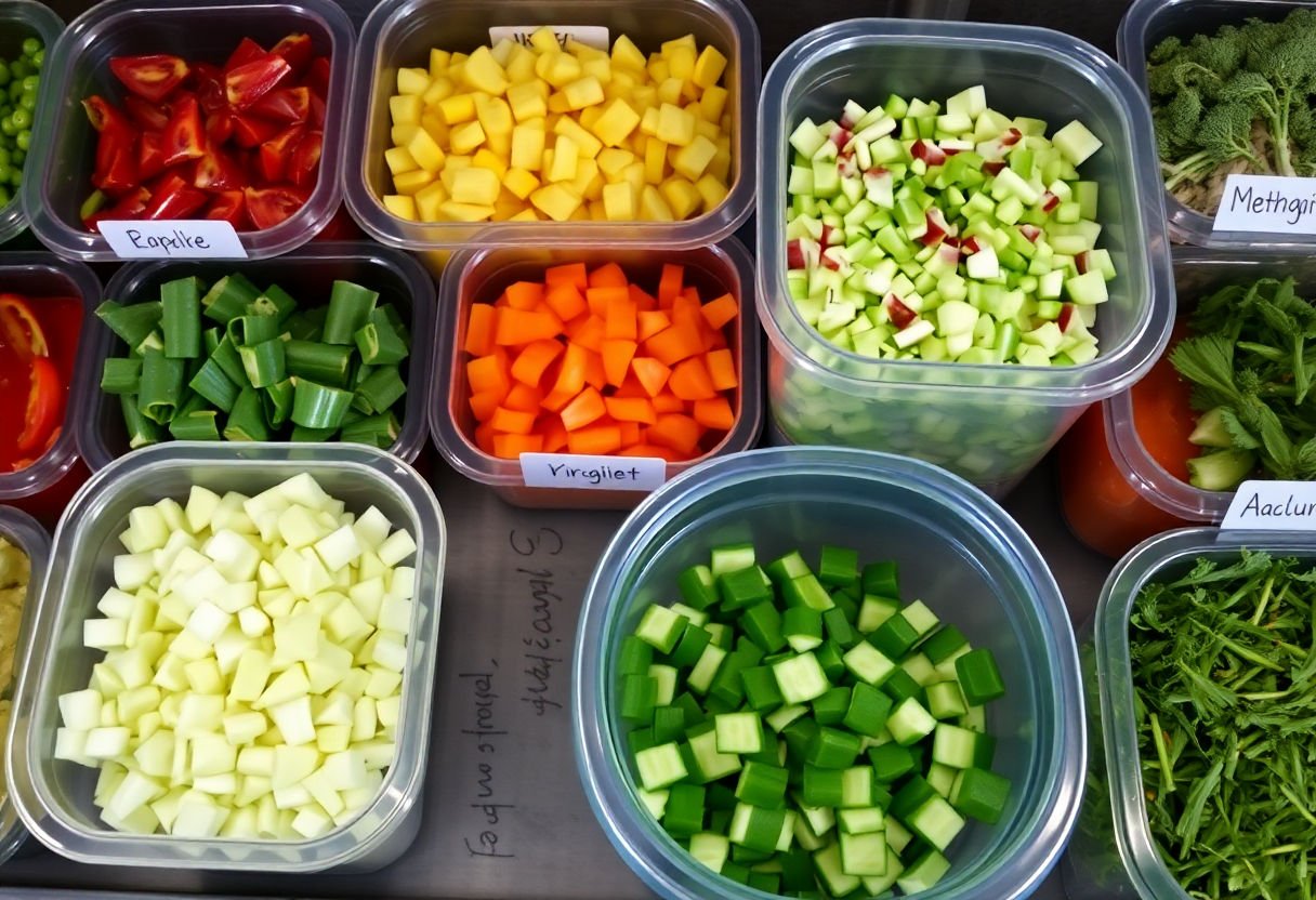 Chopped vegetables organized in labeled containers.