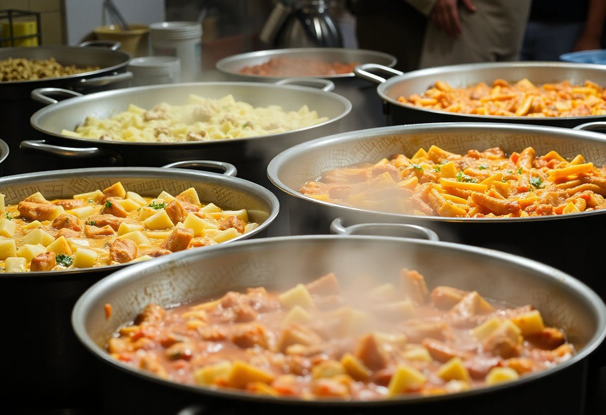 Large pots and pans filled with cooked meals.