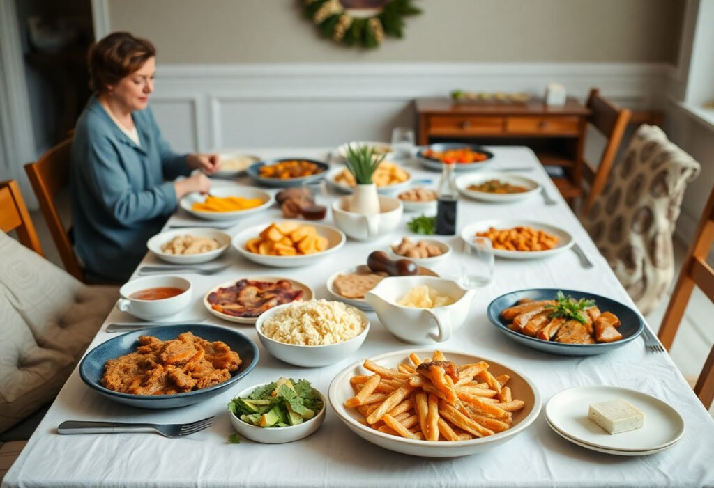 A well-prepared table with various meals for a large family gathering.