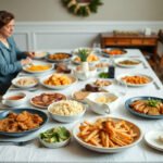 A well-prepared table with various meals for a large family gathering.