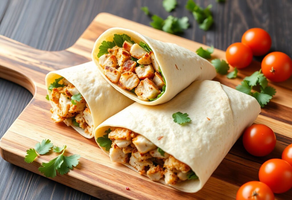 Delicious chicken wrap on a cutting board with fresh ingredients