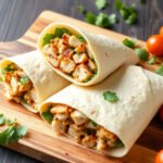 Delicious chicken wrap on a cutting board with fresh ingredients