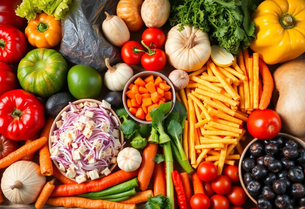 An assortment of colorful whole foods ready for meal preparation