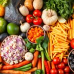 An assortment of colorful whole foods ready for meal preparation