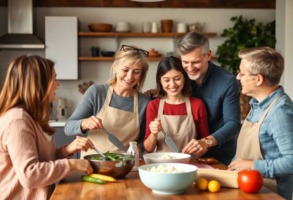 Family members cooking together.