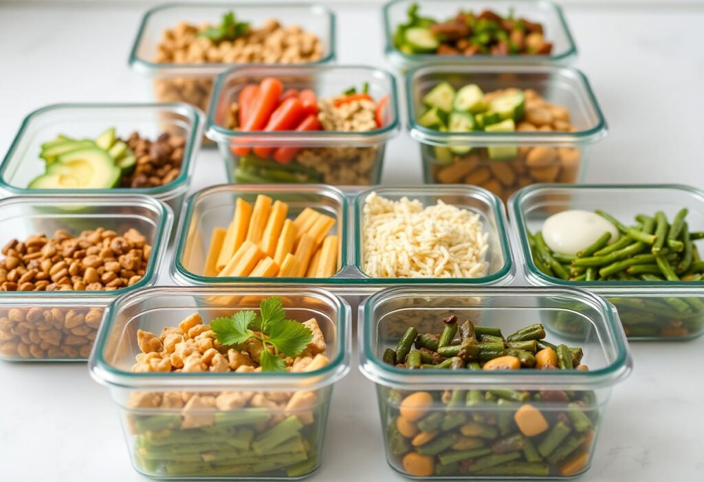 Image of prepared meals in containers ready for the week.