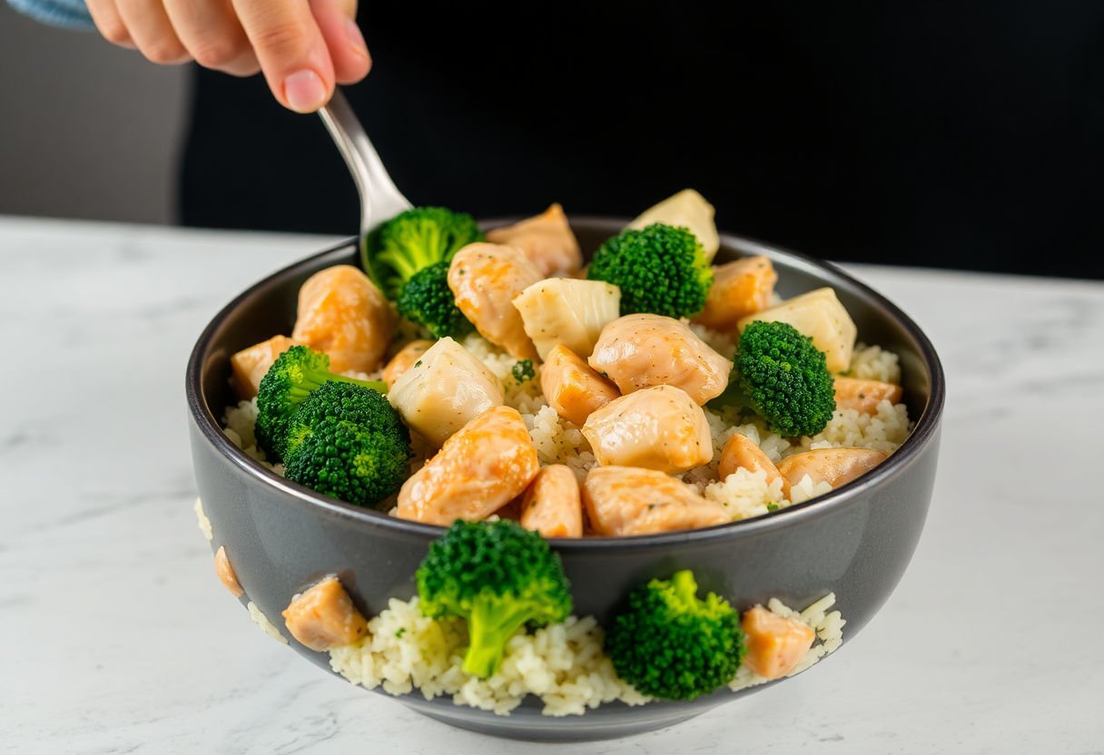 Basic chicken, rice, and broccoli dish being prepared.