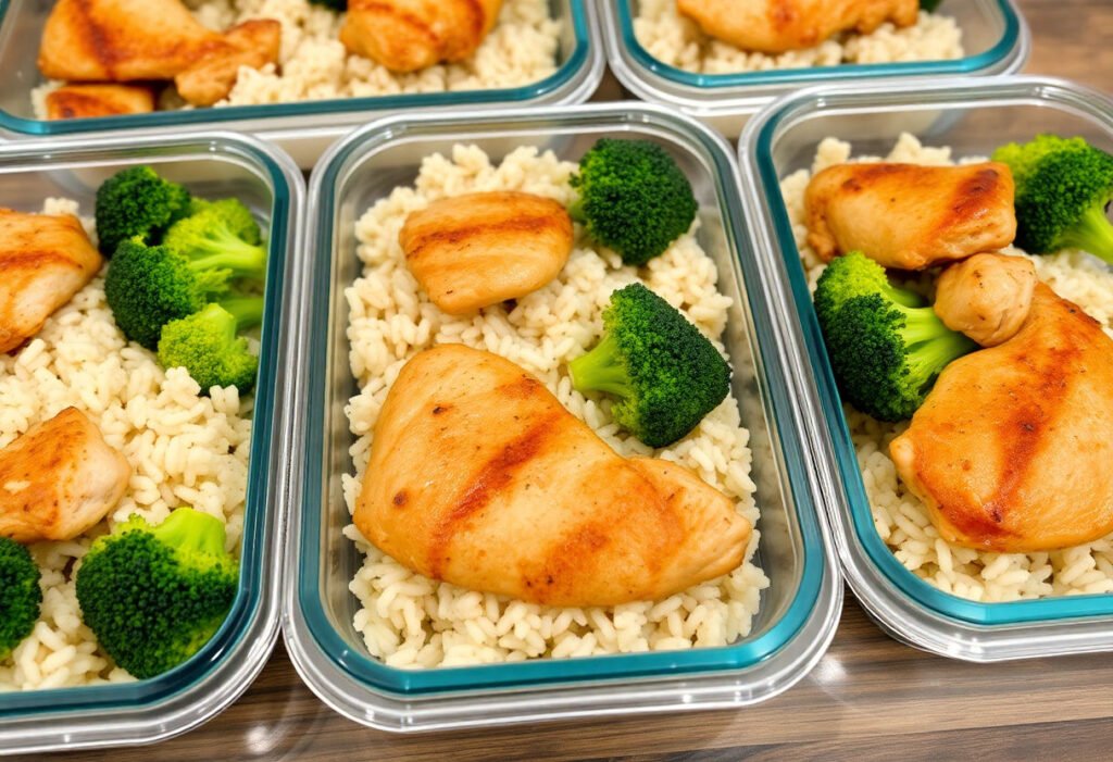 A perfectly cooked chicken, rice, and broccoli meal prep combination in meal prep containers.