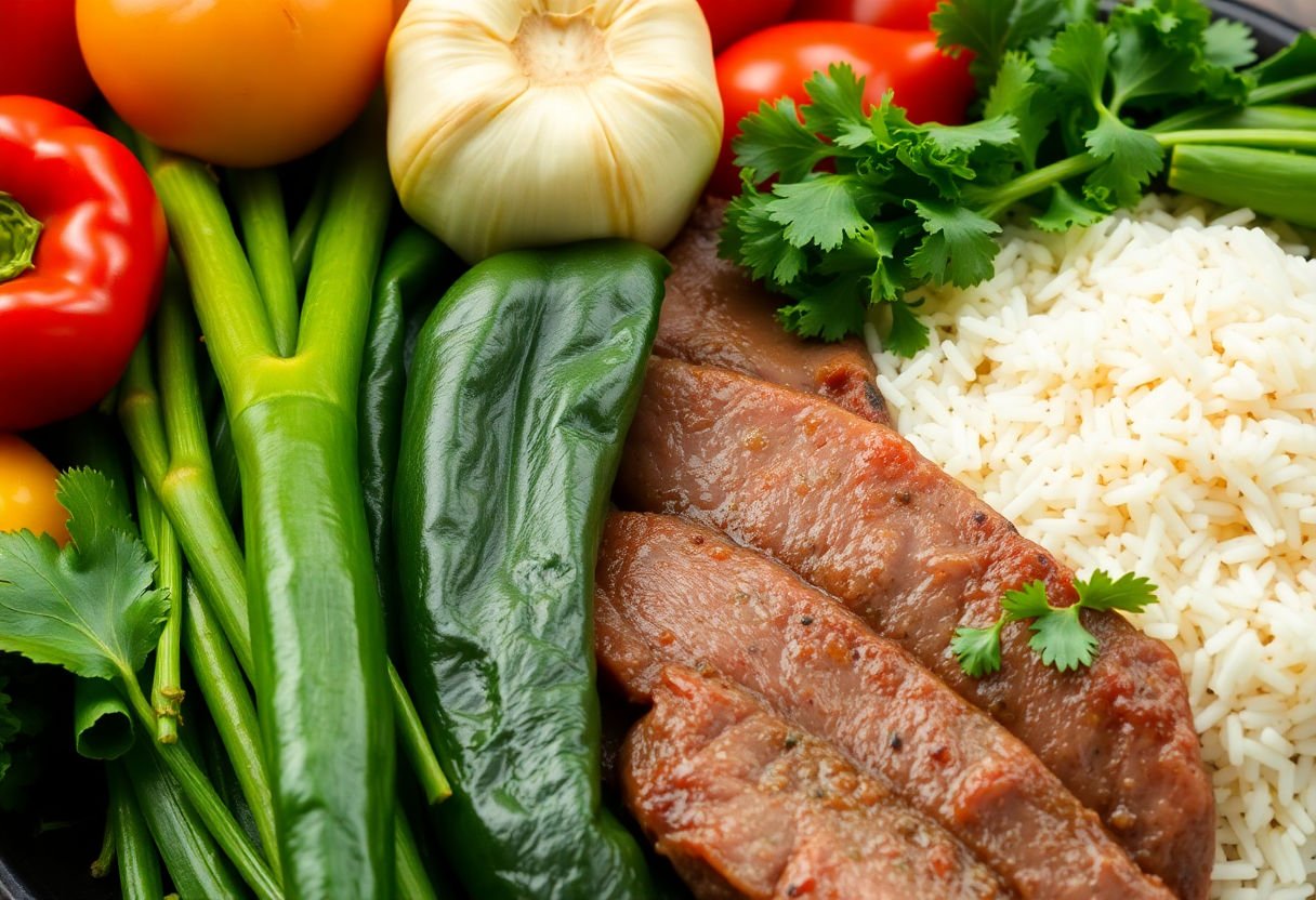 A variety of fresh vegetables next to beef and rice