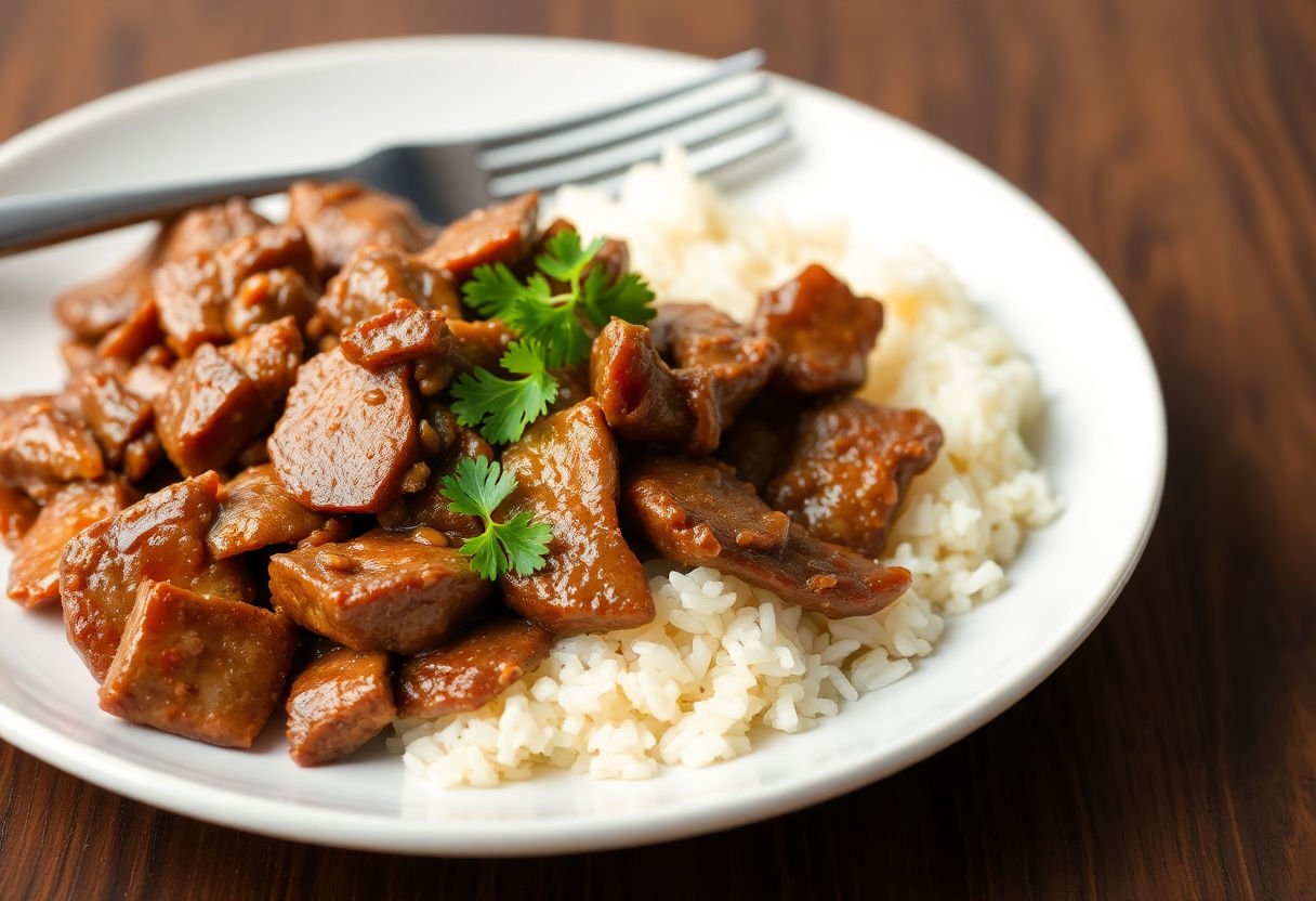 A plate of beef and rice showing its nutritional value