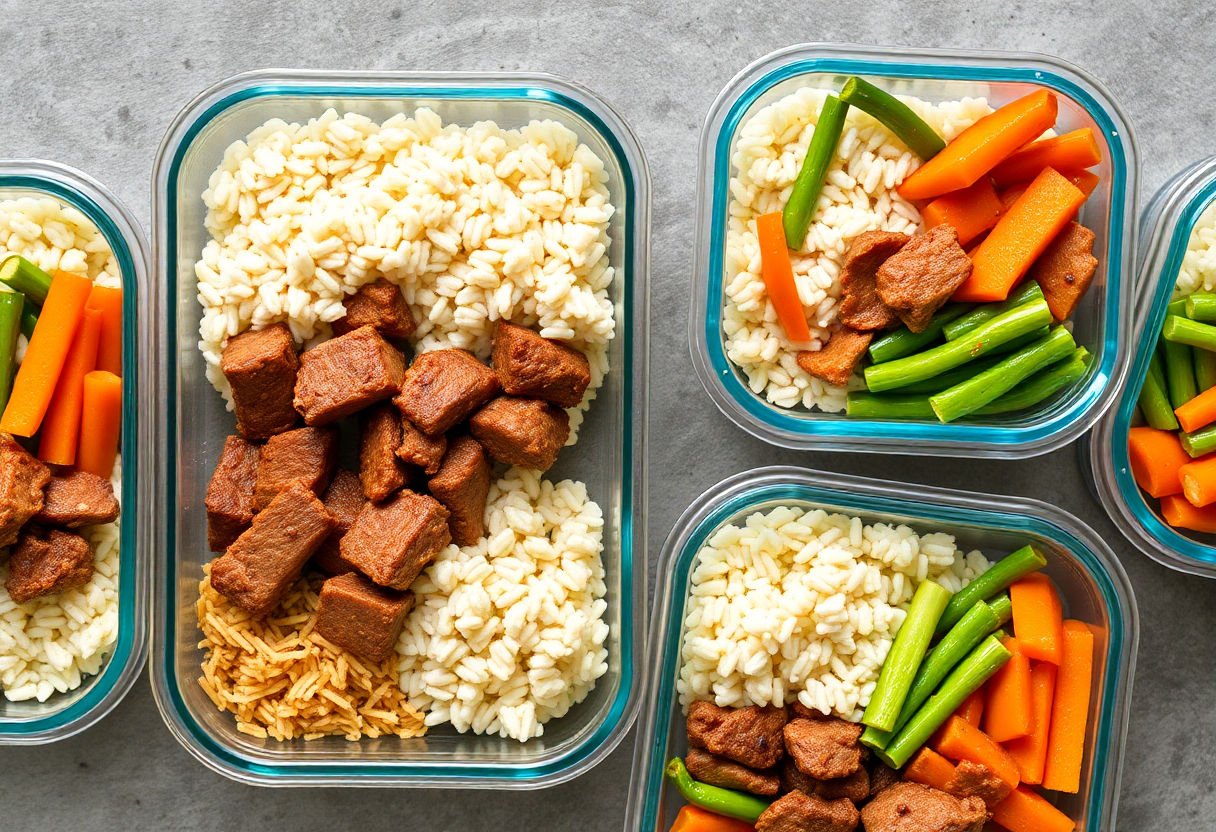 Meal prep containers filled with beef, rice, and vegetables