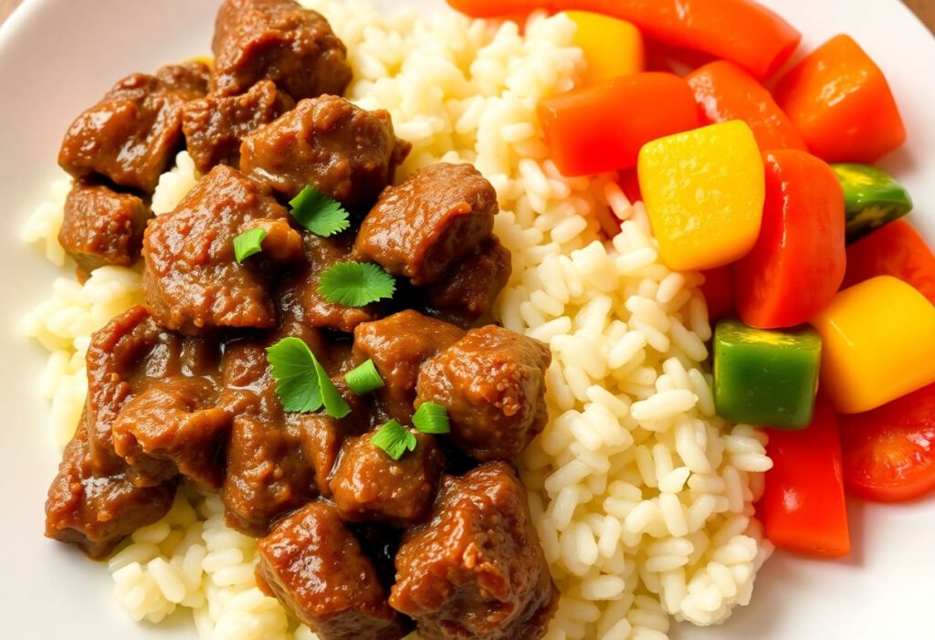 A well-prepared beef and rice meal with colorful vegetables