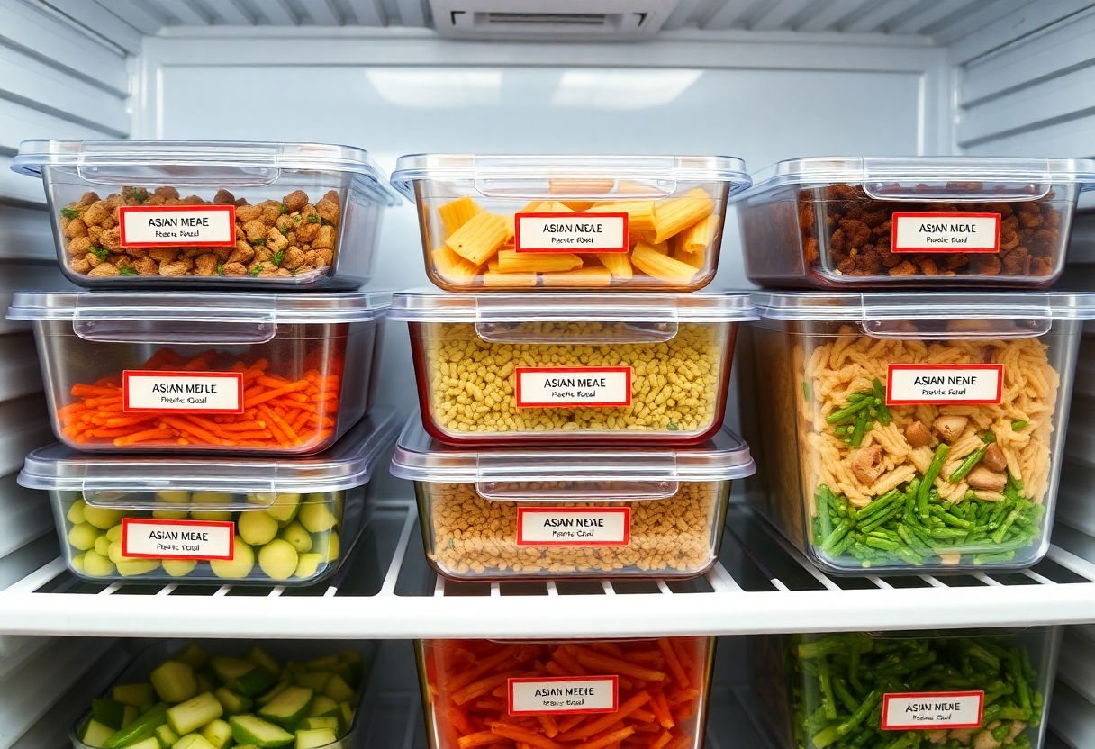 Labeled containers of Asian meals in the fridge