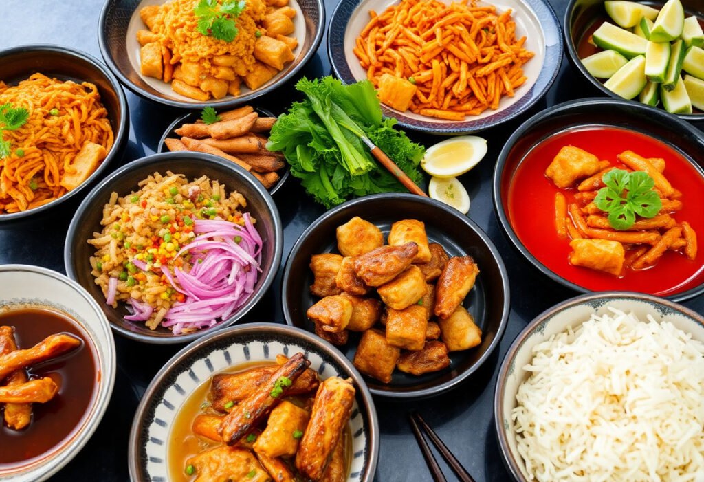 An array of colorful Asian dishes neatly prepared