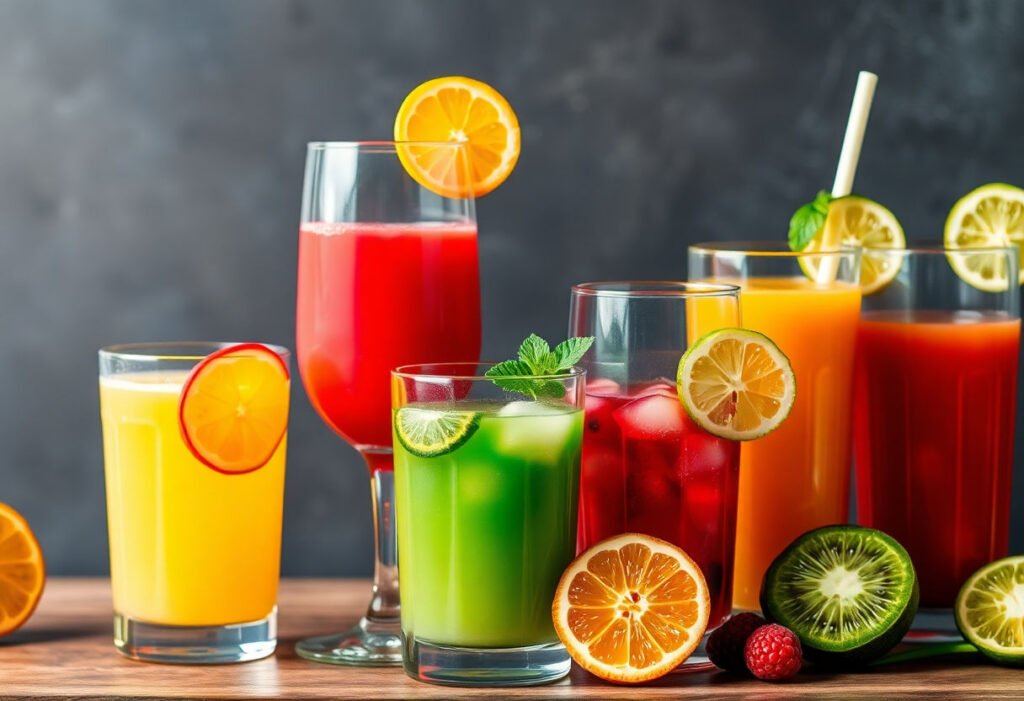 A variety of fresh fruit juices in glasses with slices of fruits