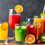 A variety of fresh fruit juices in glasses with slices of fruits