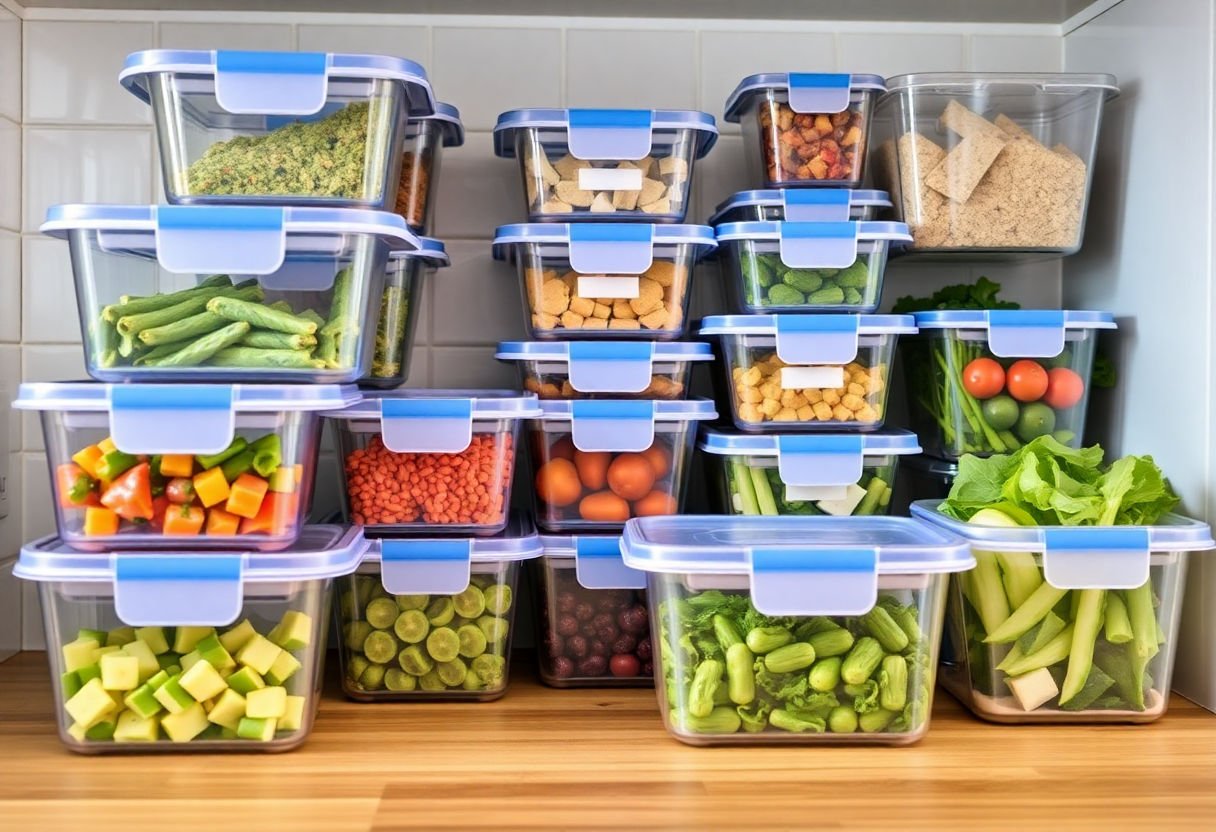 Meal prep containers being organized in a kitchen.