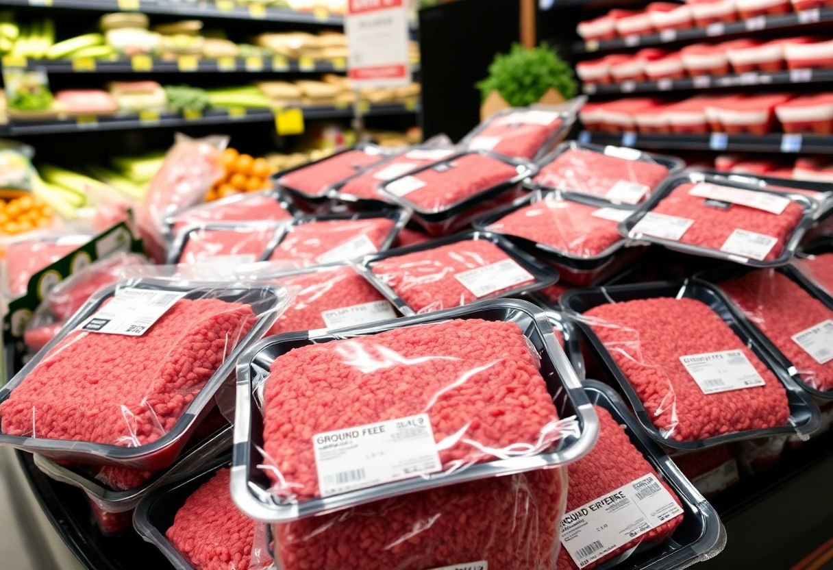 Various packages of ground beef in a grocery store.