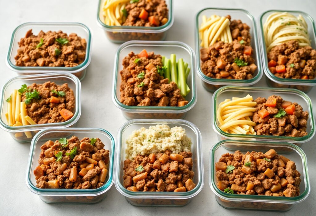 A variety of meal prep containers filled with delicious ground beef dishes.