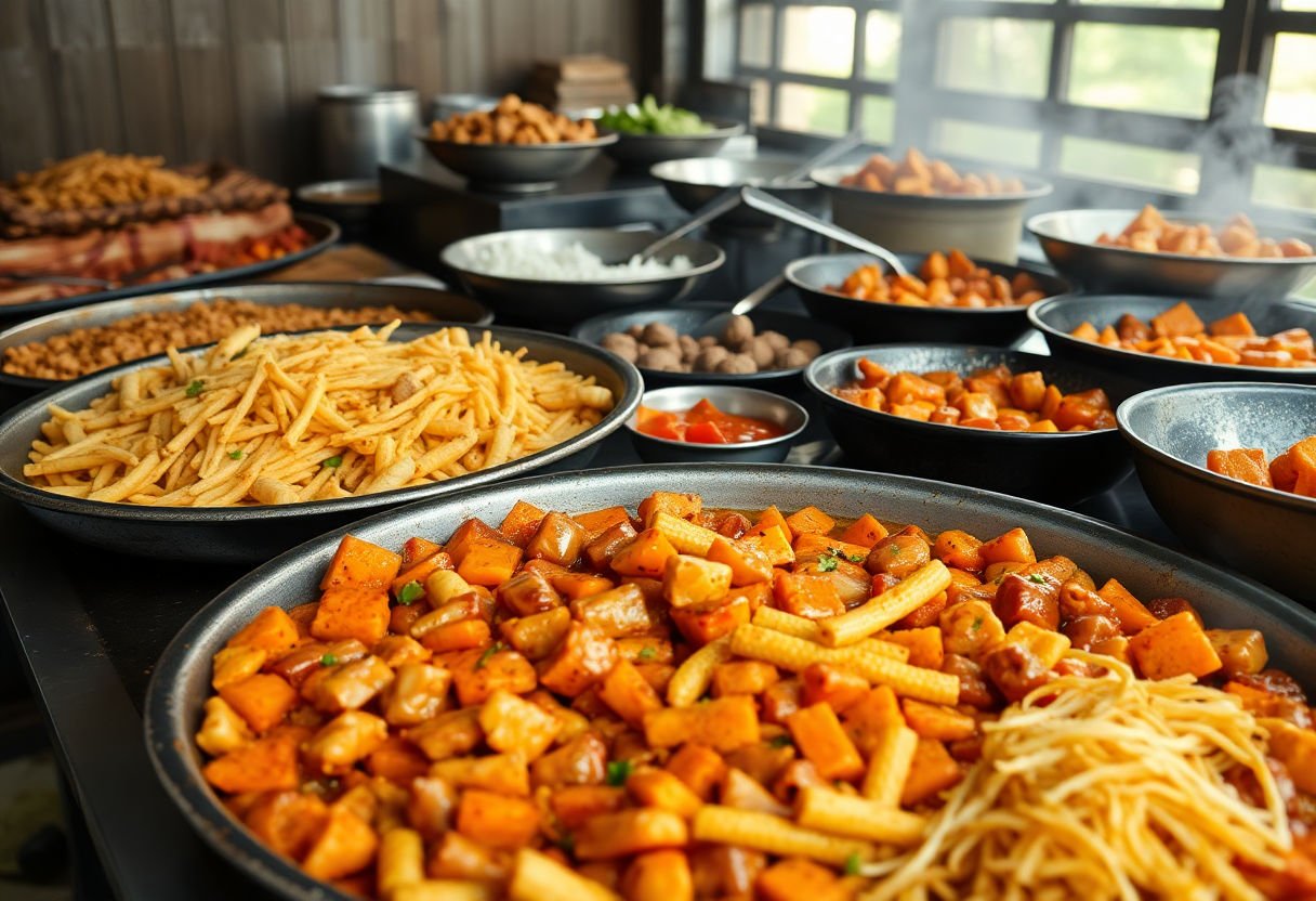 Large batches of food being cooked.