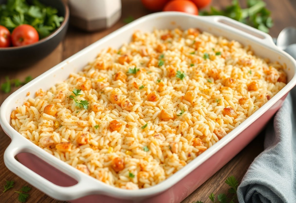 Chicken rice casserole in a baking dish