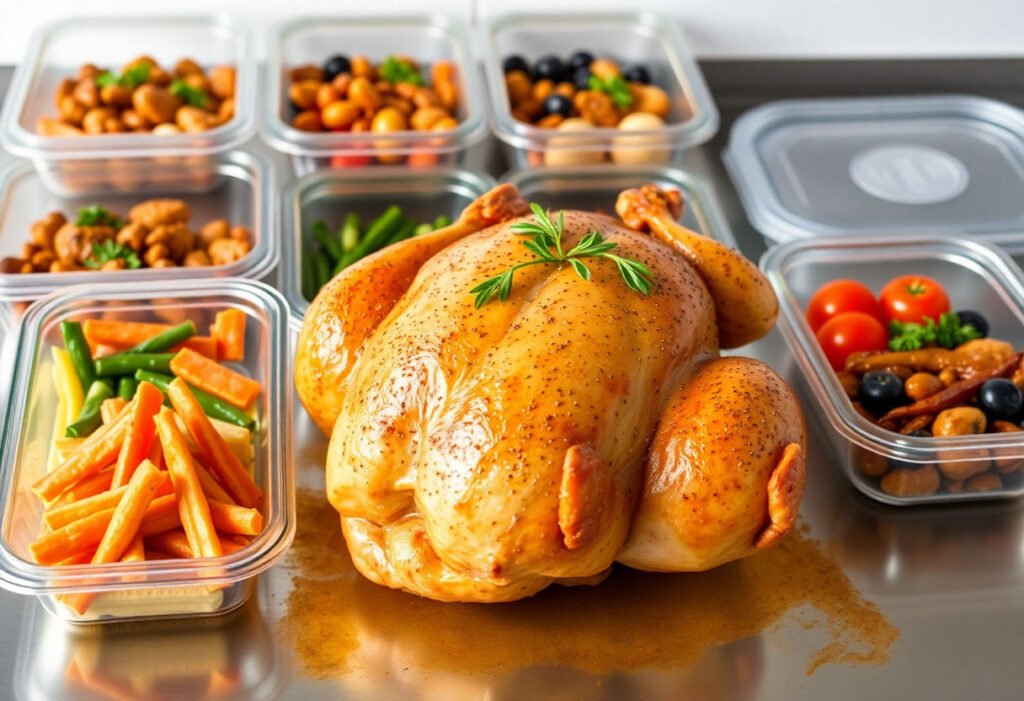 Rotisserie chicken with meal prep containers