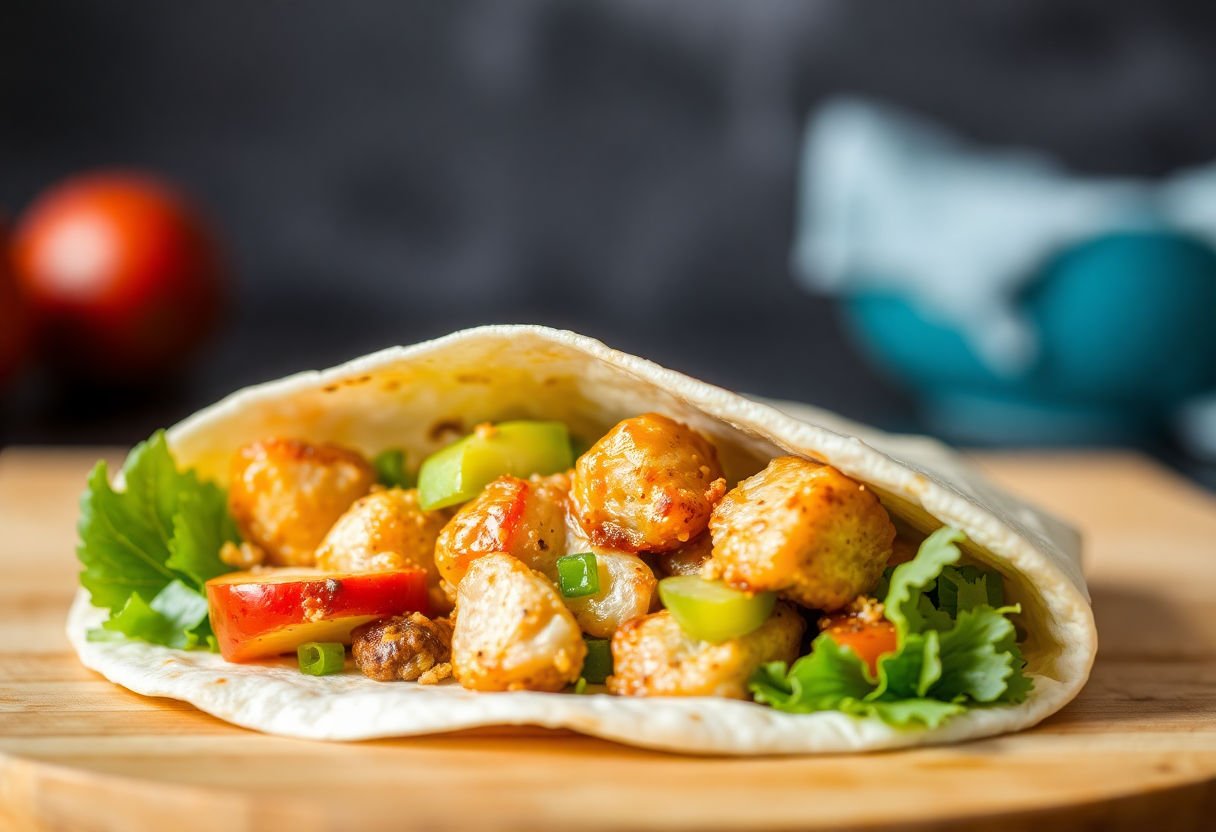 A close-up of a chicken wrap prepared for a meal