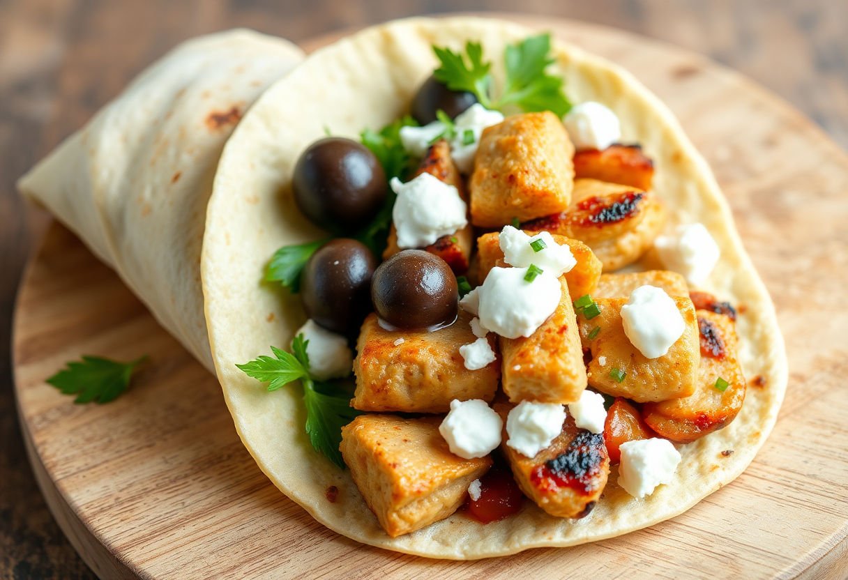 Mediterranean chicken wrap with olives and feta cheese