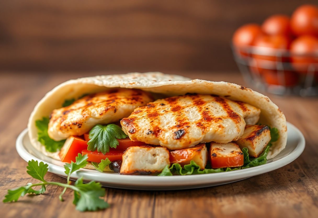 A classic grilled chicken wrap with fresh vegetables