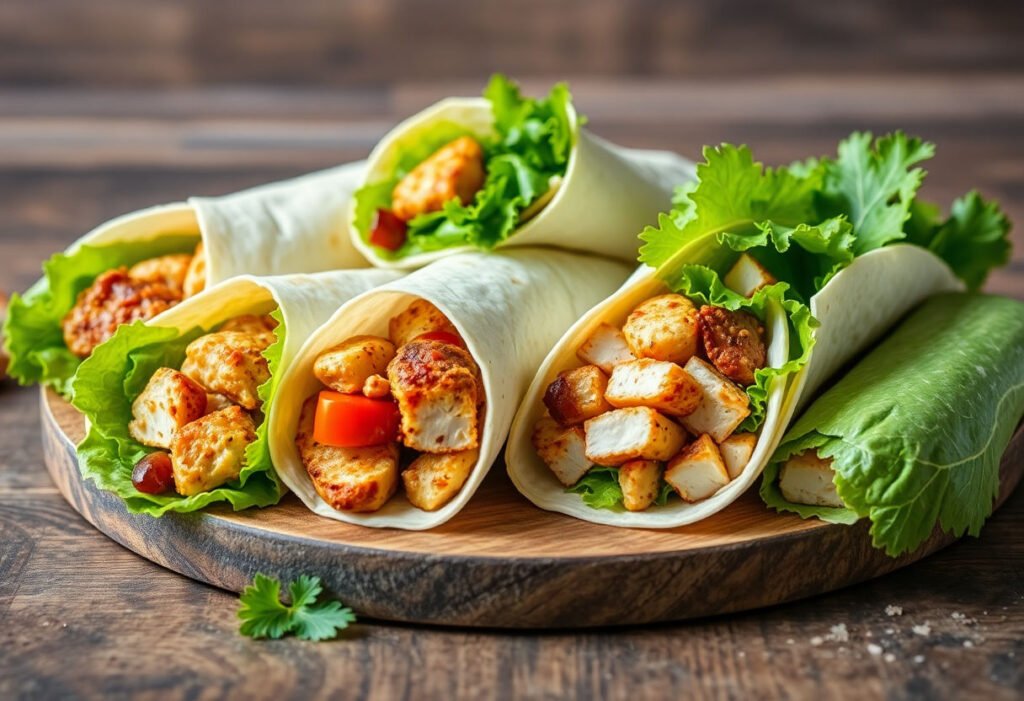 A variety of chicken wraps displayed on a wooden board