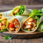 A variety of chicken wraps displayed on a wooden board