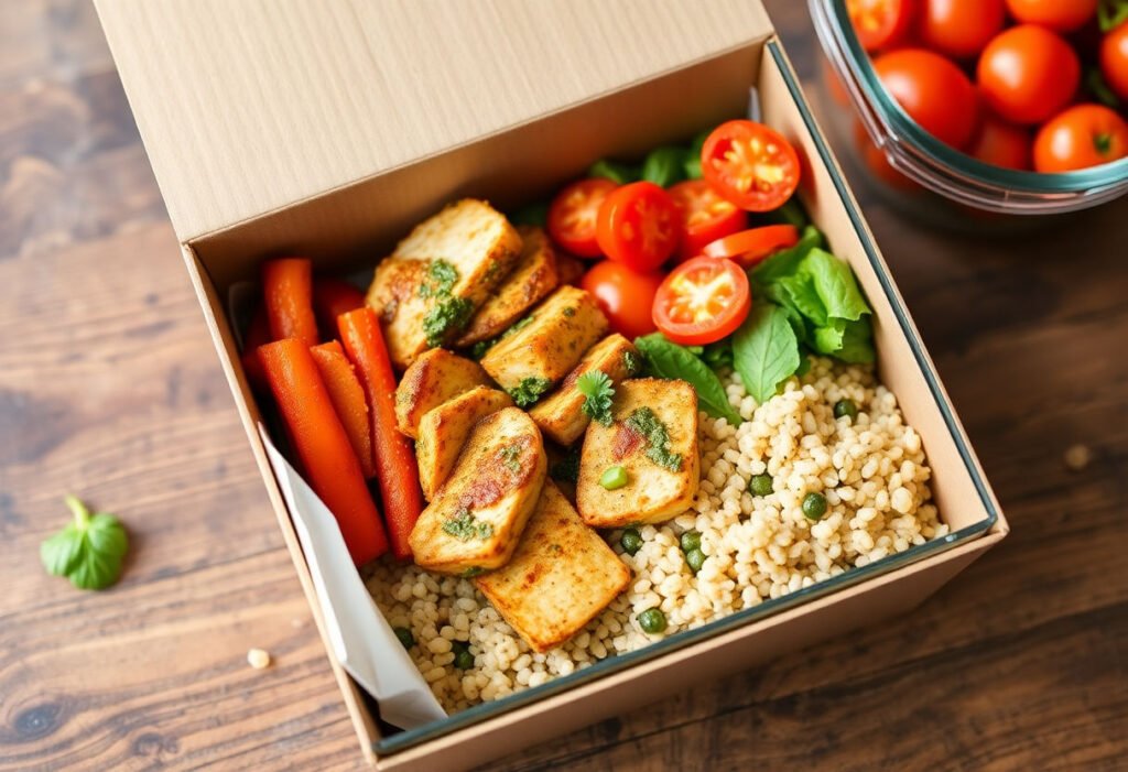 A vibrant meal prep box with pesto chicken, quinoa, and fresh veggies.