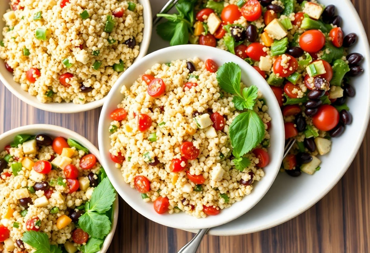 Diverse quinoa salad recipes with various ingredients