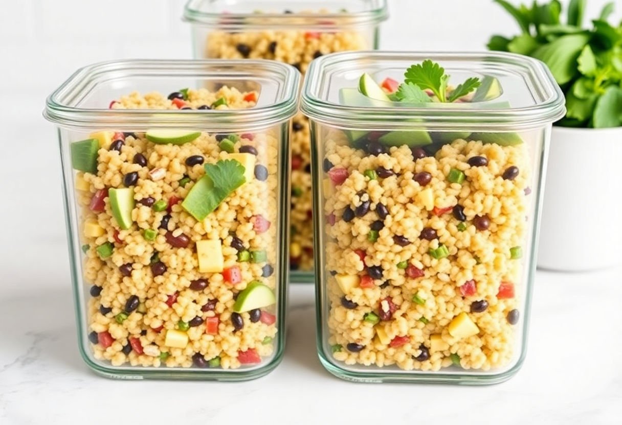 Stored quinoa salad in meal prep containers