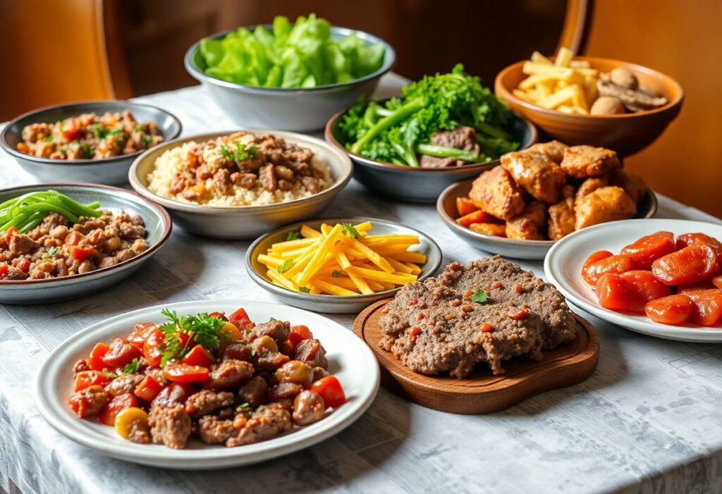 Ground beef dishes on a table