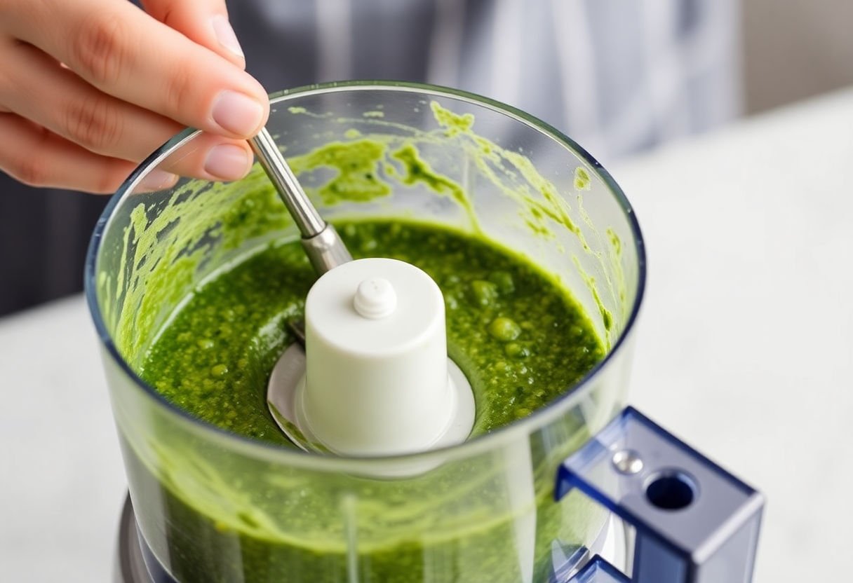 Blending pesto sauce in a food processor