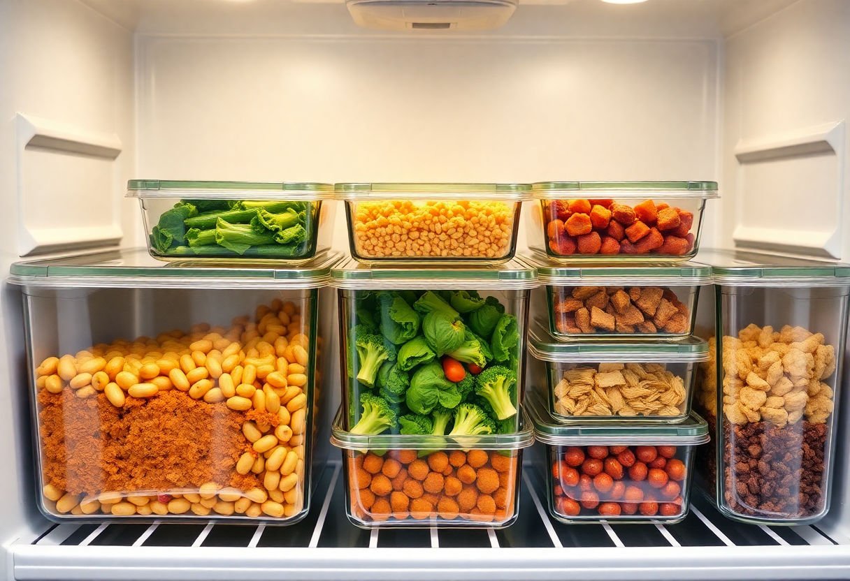 Containers of prepped meals in a fridge