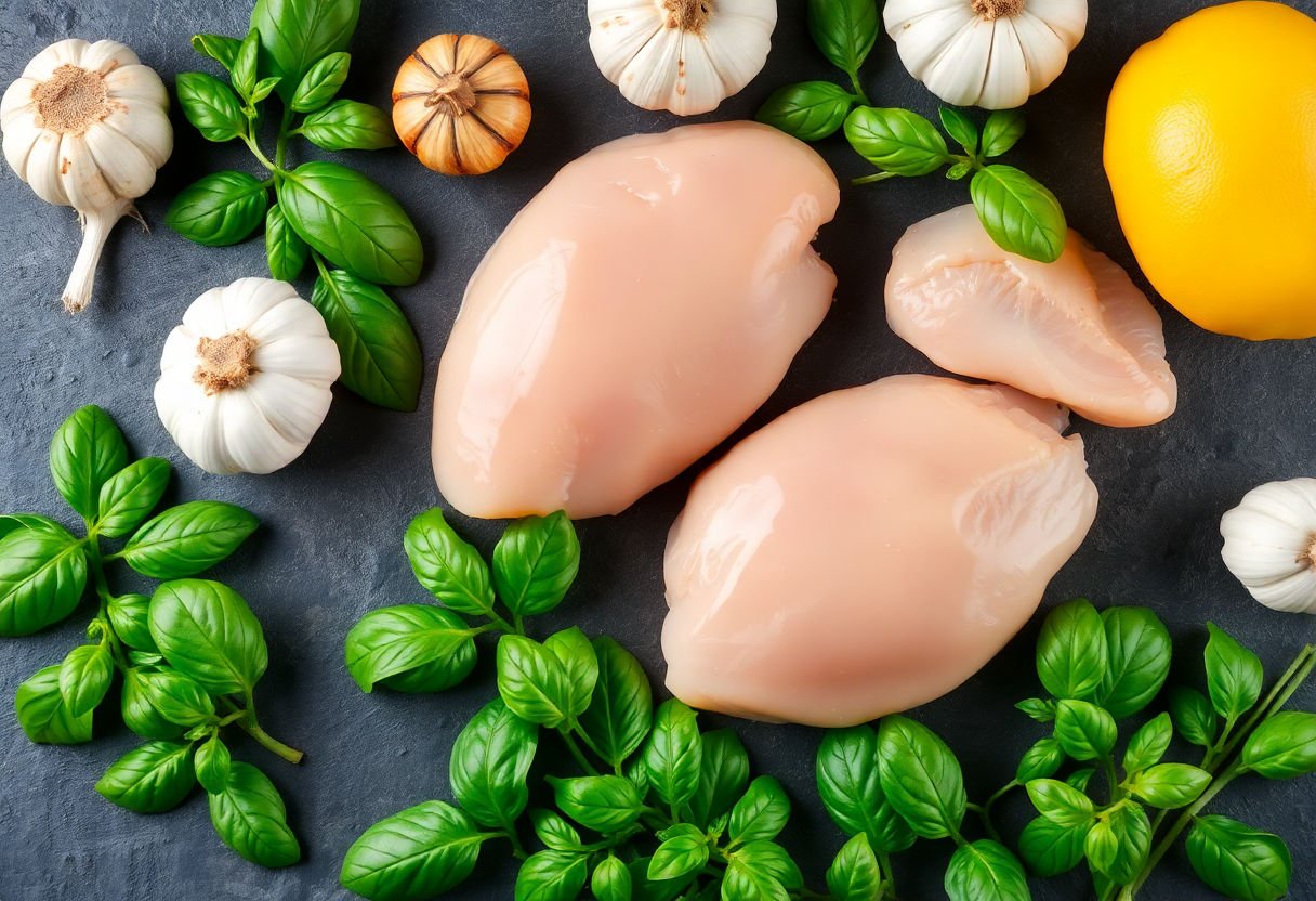 Fresh basil, garlic, and chicken breasts laid out