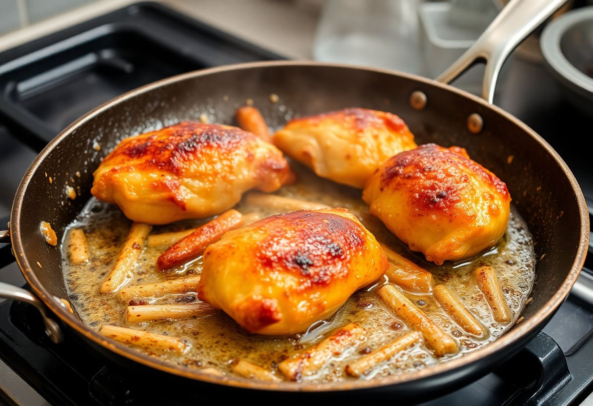 Sizzling chicken on a stovetop pan