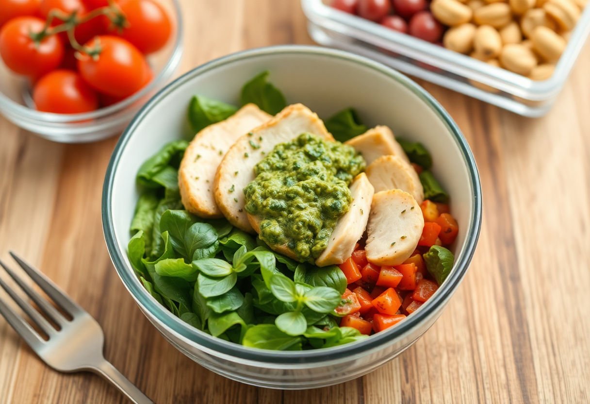 Balanced meal prep bowl with chicken pesto