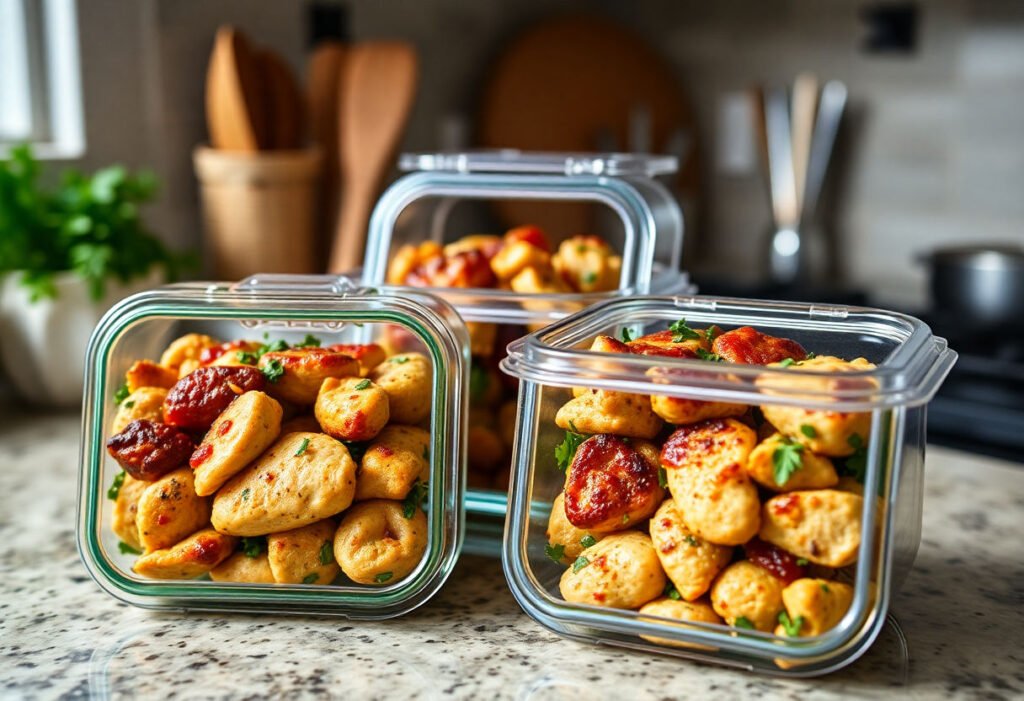 Cooked chicken pesto meal prep containers on a kitchen counter